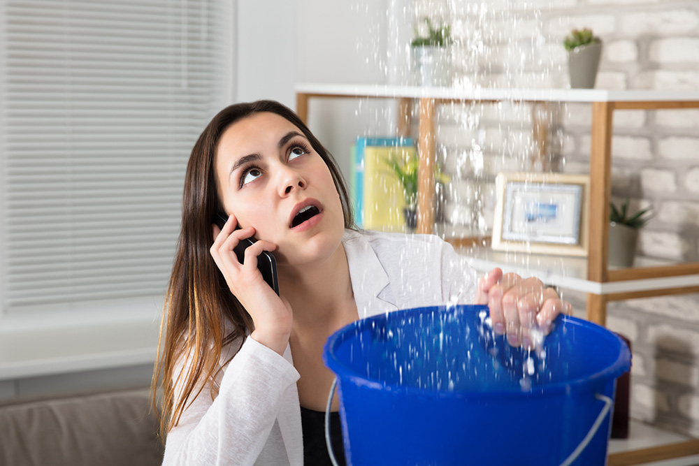 lady holding bucket under leaking ceiling