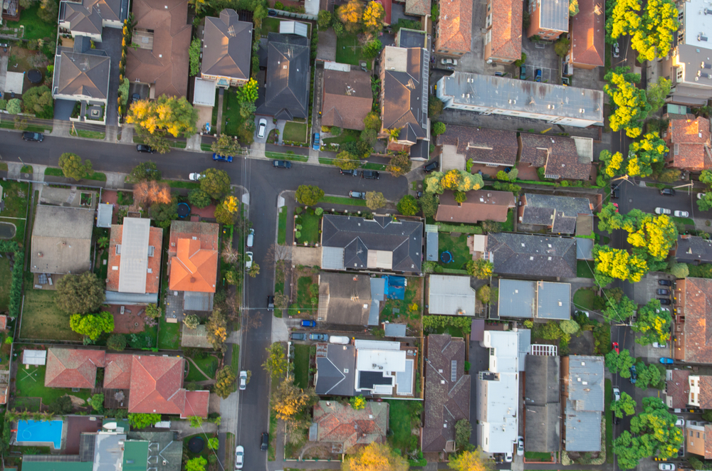 Aerial view of residential homes in an eastern suburb of Melbourne